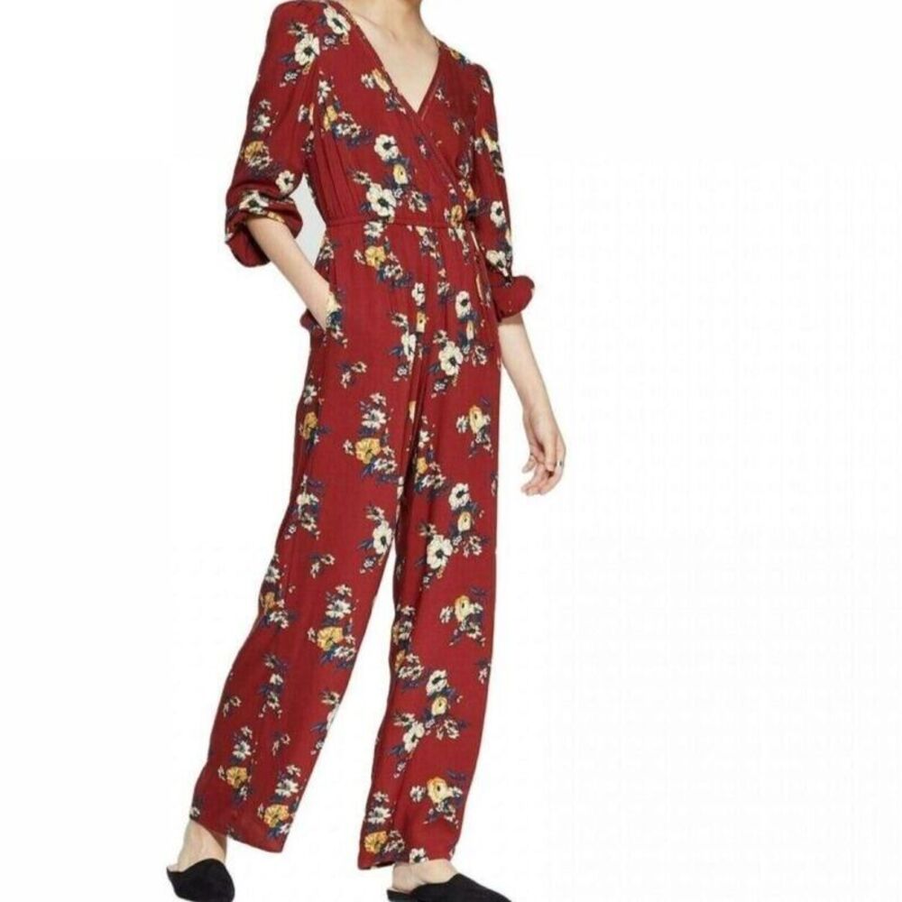 NWT Xhilaration Jumpsuit Floral Burgundy Long Sleeve Boho Viscose Size Medium